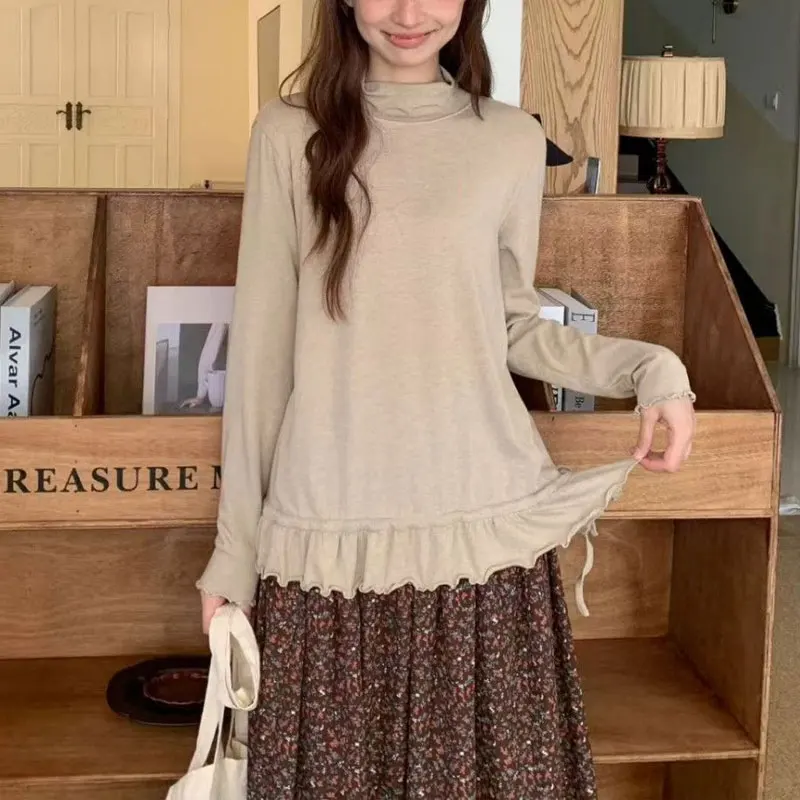 

Casual Polka Dot Basic Pullovers Autumn Winter Fleece Half High Collar Female Clothing Folds Stylish Drawstring Korean T-shirts