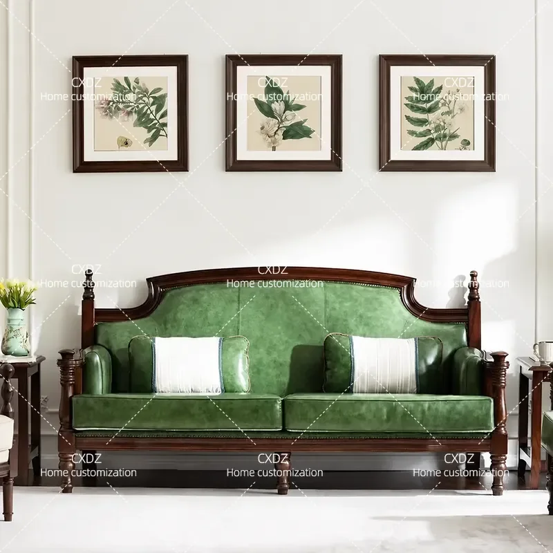 Solid Wood Sofa Set Retro Leather Couch Modern Simple Living Room Furniture Double Three Single Seat Combination Complete