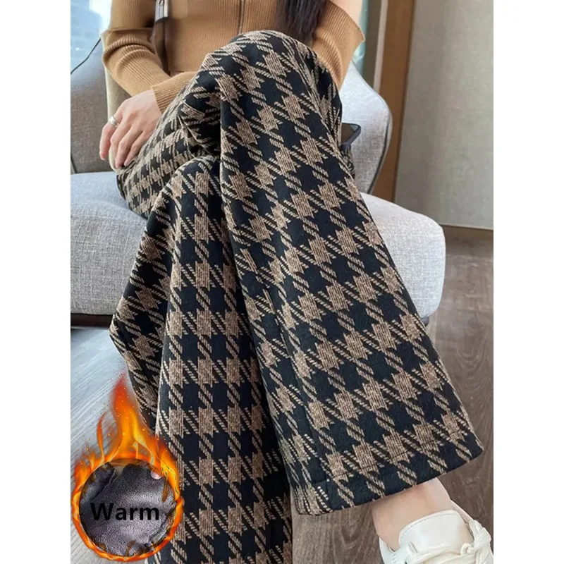 

Casual Thicken Velveteen Women Pantalones New Baggy Warm Wide-leg Sweatpants Winter Black Plaid Thick Velvet Lined Straight Pant