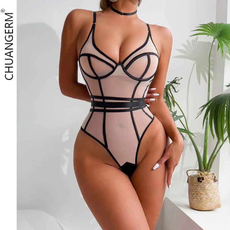 

CHUANGERM Erotic lingerie mesh splicing sexy see-through body shaping backless halter bodysuit