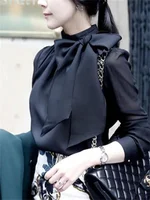 Femmes printemps été Style chemisiers en mousseline de soie chemises dame Casaul à manches longues blanc noir noeud papillon col haut Blusas 1