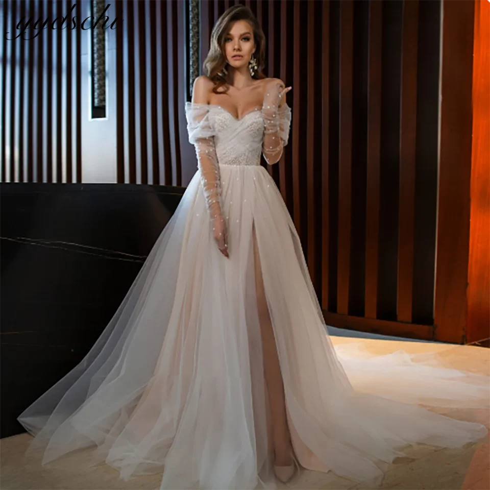 

Gorgeous Off The Shoulder Sweetheart Sparkly Beaded A Line Wedding Dresses 2024 Lace Up Court Train Tulle Bridal Gowns For Women