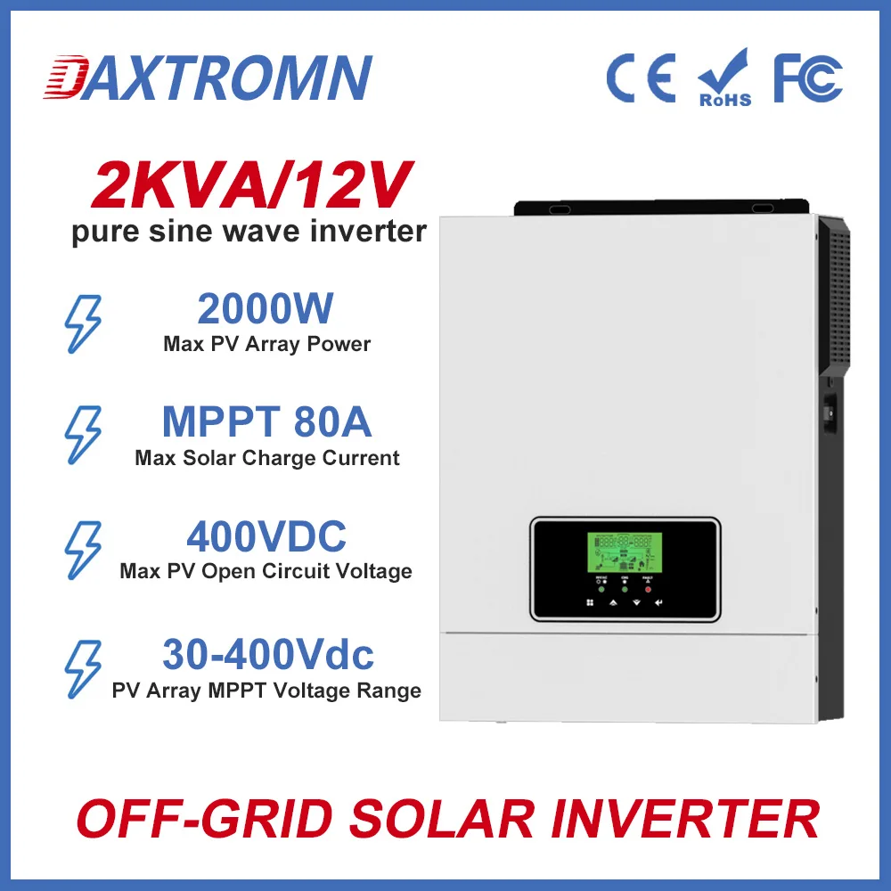 DAXTROMN 1600W 2KVA hybrid solar inverter 1.6KW 12V 220V pure sine wave inverter MPPT 80A solar controller off-grid inverter