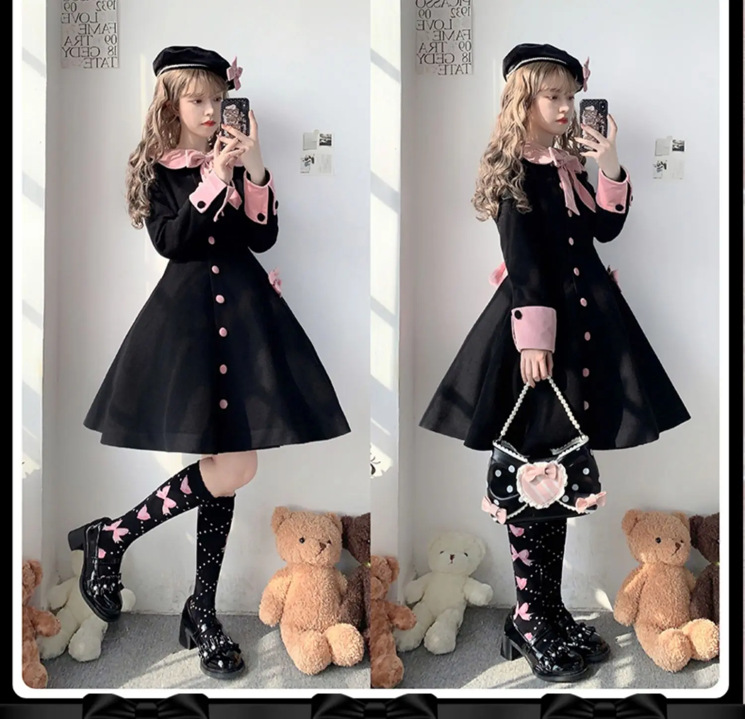 เสื้อโค้ทขนสัตว์แบบกระดุมแถวเดียว สไตล์โลลิต้า น่ารักหวานๆ สำหรับสาวๆ  แบบย้อนยุคหรูหราสไตล์ฝรั่งเศส  สำหรับฤดูใบไม้ร่วงและฤดูหนาว  สไตล์ญี่ปุ่น  พร้อมโบว์