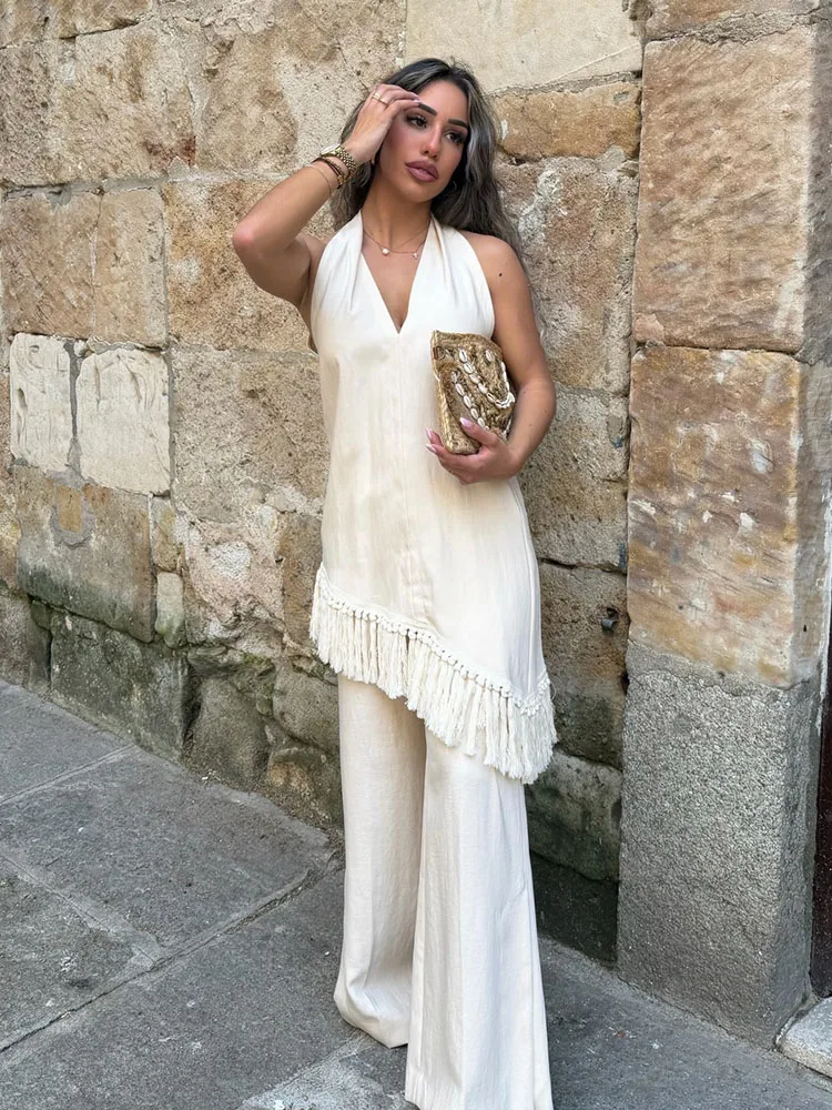 Женский брючный костюм HH: модный однотонный топ без рукавов с асимметричной отделкой бахромой и брюки свободного кроя с разрезом на молнии для повседневного уличного стиля