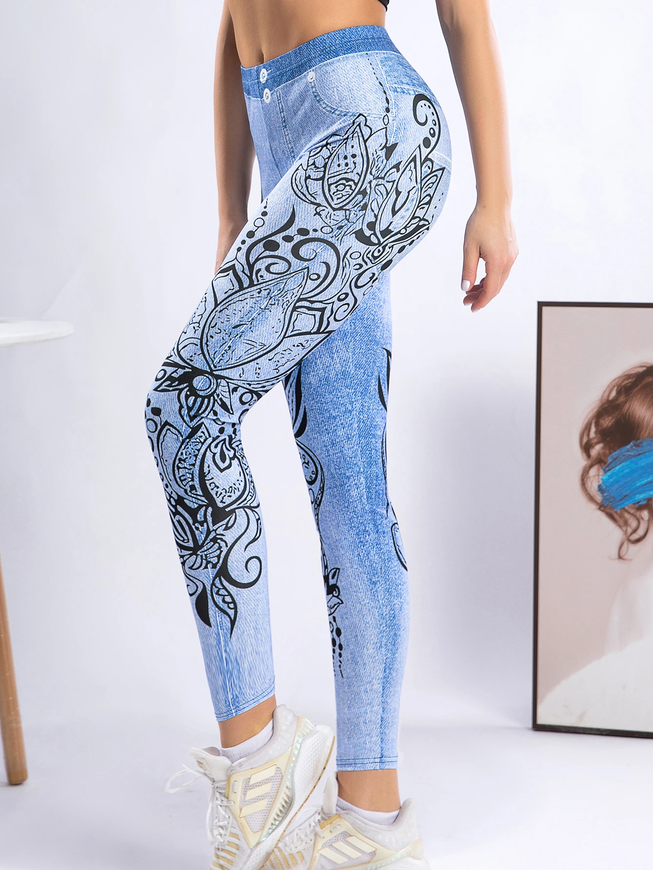 New Digital Printed High-waisted Imitation Denim Leggings For Women Europe And America Sexy High-stretch Tight Nine-point Pants