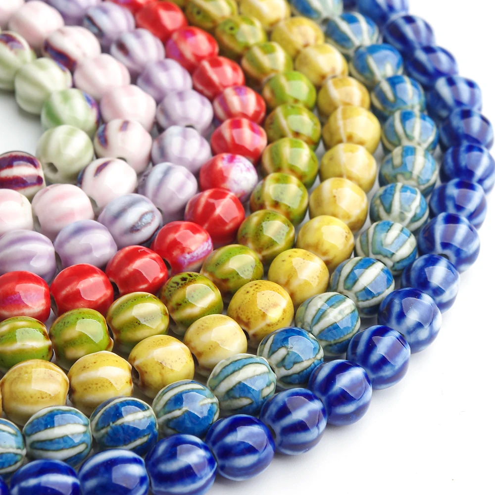 28Pcs/strip About 11mm Ceramics Beads Pumpkin Stripe Hole Colorful Glaze Beads Handmade Porcelain Beads for Jewelry Making