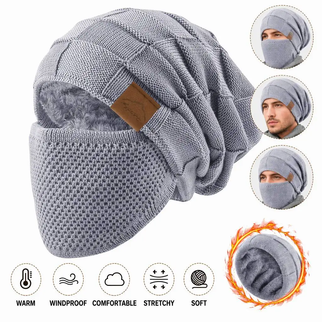 Men's and Women's Winter Fleece Cold Mask Two-piece Cap with Elastic Drawstring for Warmth, Solid Color Pullover Cap