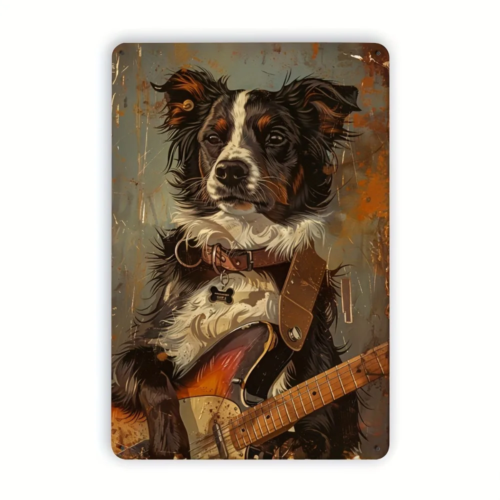 Aluminum Metal Sign, Vintage Border Collie Dog Playing Guitar Print Plaque for Music Lovers & Rustic Home Wall Art Decor