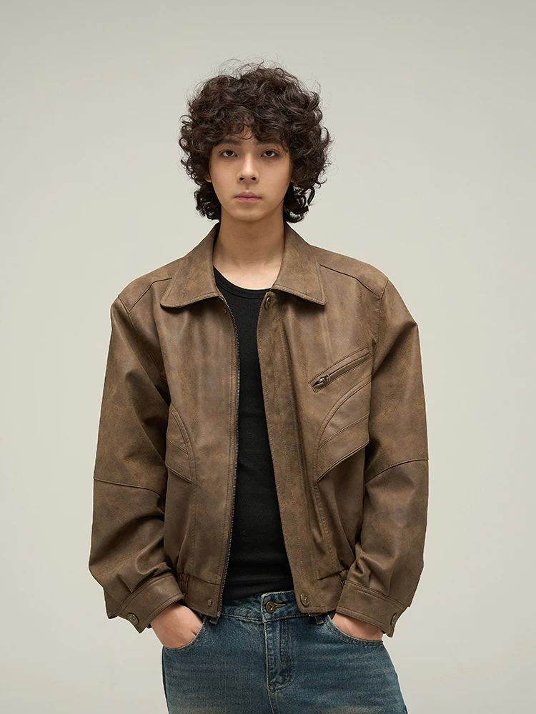 WLNEXT Men's Brown Vintage Leather Jacket Retro American Style Durable Cotton Coat Couple Matching Spring Autumn Wear