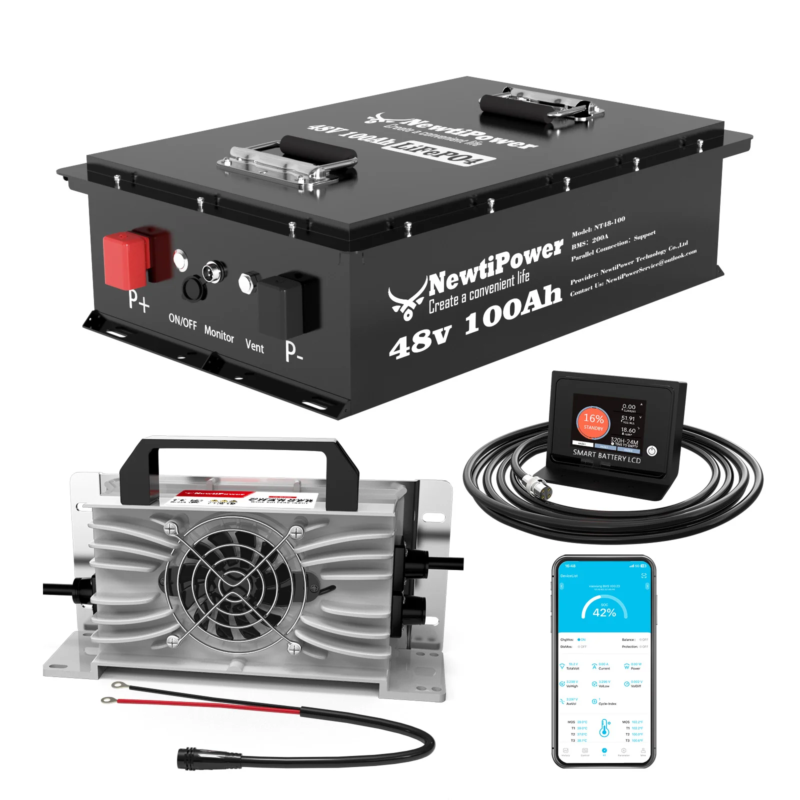 

48V 100Ah LiFePO4 Lithium Golf Cart Battery with Charger, Built-in Smart 200A BMS, with LCD Monitor and Mobile APP, Max.10.24KW
