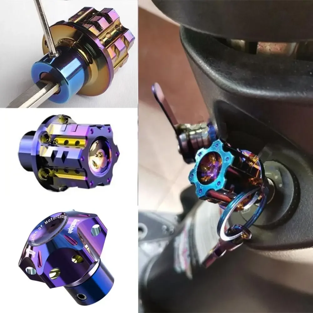 Universal Burn Blue Aluminum Keychain Pentagonal Hexagon CNC Key Bit Tip Key Head Modified Case For Motorcycle Car ATV