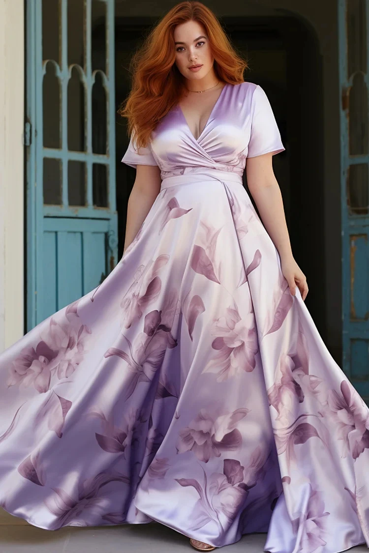 

Flycurvy Light Purple Wedding Guest Satin Floral Print Wrap Deep V Neck High Waist Maxi Dress