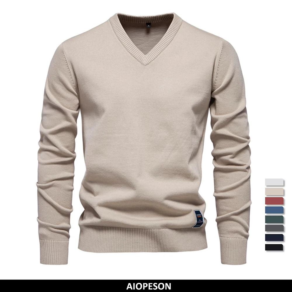 AIOPESON Mens V-neck Solid Cotton Pullover Sweaters Long Sleeve Casual Social Knitted Sweaters for Men