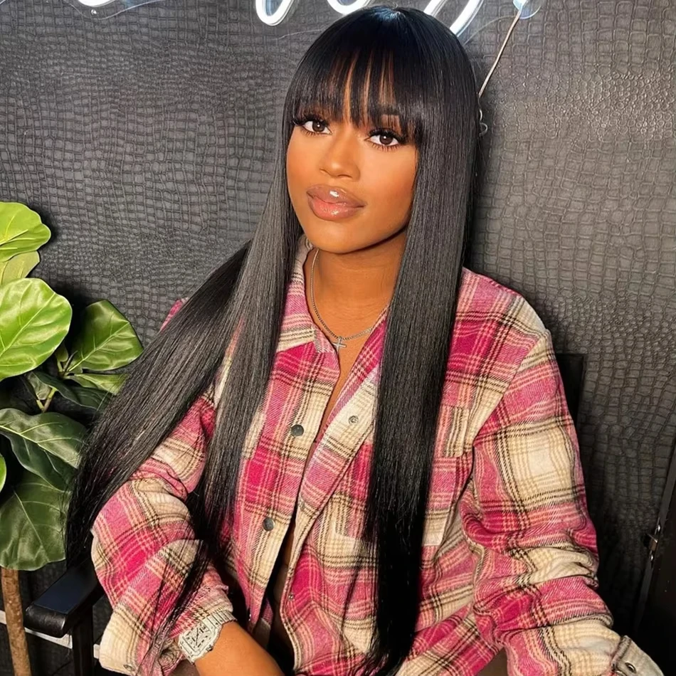 

Straight Wig With Bangs 100% Human Hair Wig Without Glue Brazil Full Machine Made Fringe Remy Hair 30 Inch Human Hair Bang