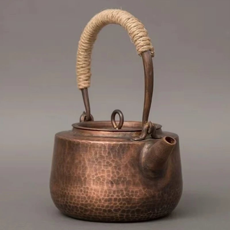 Vintage Copper Boil Water Kettle,Handcrafted Hammer Texture Weave With lid Handheld1.5 L Coffee Pot,Heat Resistant Filter Teapot