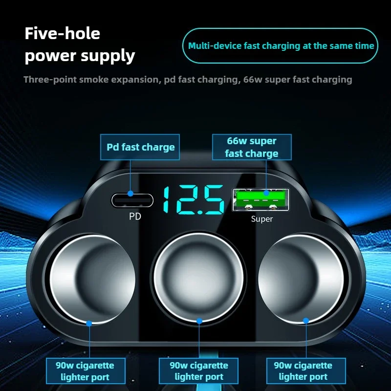Car Charger 5-Port 336W Cigarette Lighter Adapter PD USB 66W Super Quick Charging Phone Charger Socket 12-24V Universal