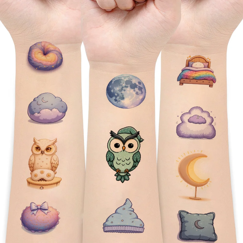 54 قطعة الوشم المؤقت القمر الكرتون تيدي بير البومة مقاوم للماء طويلة الأمد ملصقات الجسم على مدار الساعة للأطفال الأولاد الكتفين