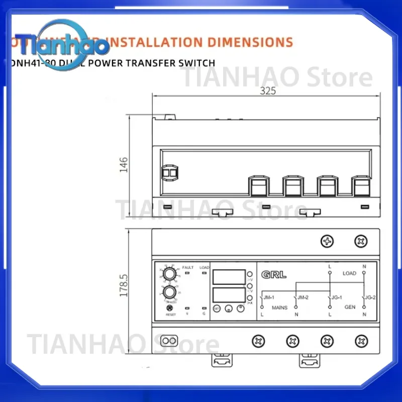 Automatic Transfer Switch ATS for Household CB Dual Power Supply 10A to 80A AC 230V with Overload Alarm Voltage and Current