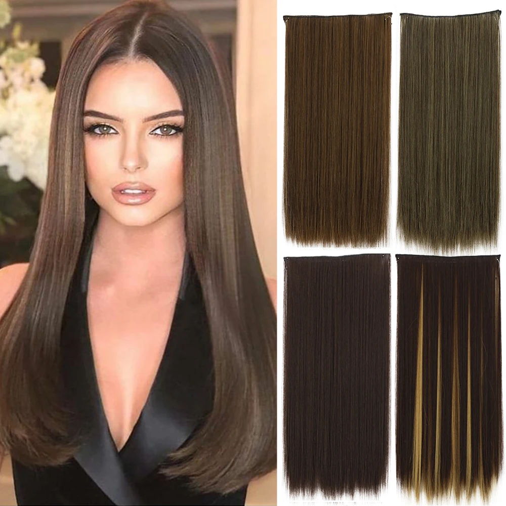 Synthetic Hair Extension No Clip Natural Hair Piece Ombre Fake False One Piece Straight Hairpiece brown For Women