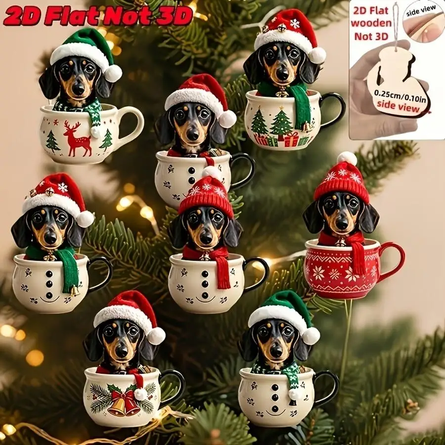1/5/10/20/50/100pcs Set of 8 Flat 2D Wooden Ornaments, Christmas Dachshund, Puppies with Various Christmas Decorations, Christma
