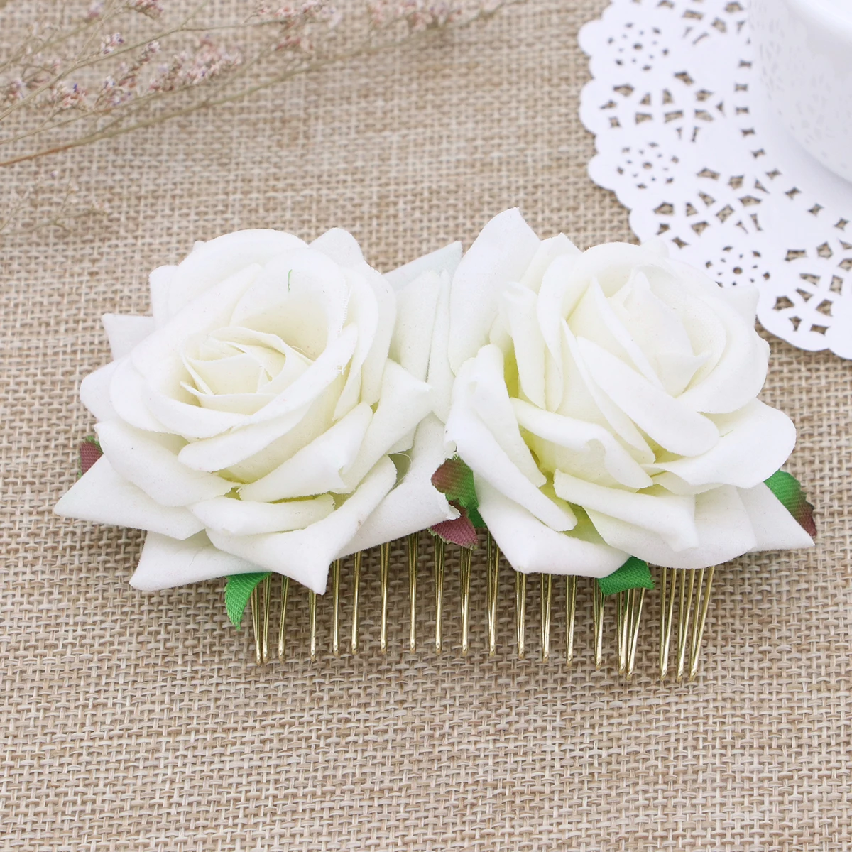 

Rose Flower Hair Comb Beige Floral Hair Accessory Elegant Bride Headpiece for Wedding and Party Use Floral Comb
