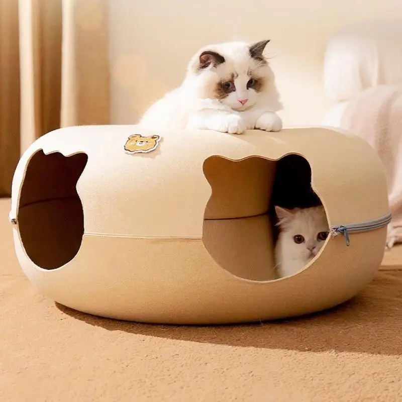 

Cute Cartoon Shaped Interactive Toy For Cats House Felt Tunnel Cave Beds Removable Donut With Zipper Nest Basket Kitten Nest