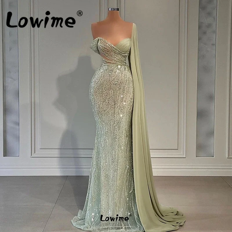 

Mint Green Long Party Dresses 2022 Custom Made Caftan Marocain De Mariage Beaded Sequined Cape Sleeve One Shoulder Evening Dress