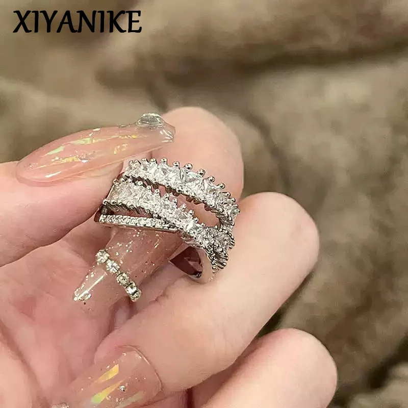 XIYANIKE Multi Layer Shiny Zircon Adjustable Cuff Rings For Women Girl Fashion New Trendy Jewelry Gift Party Wedding Kольцо