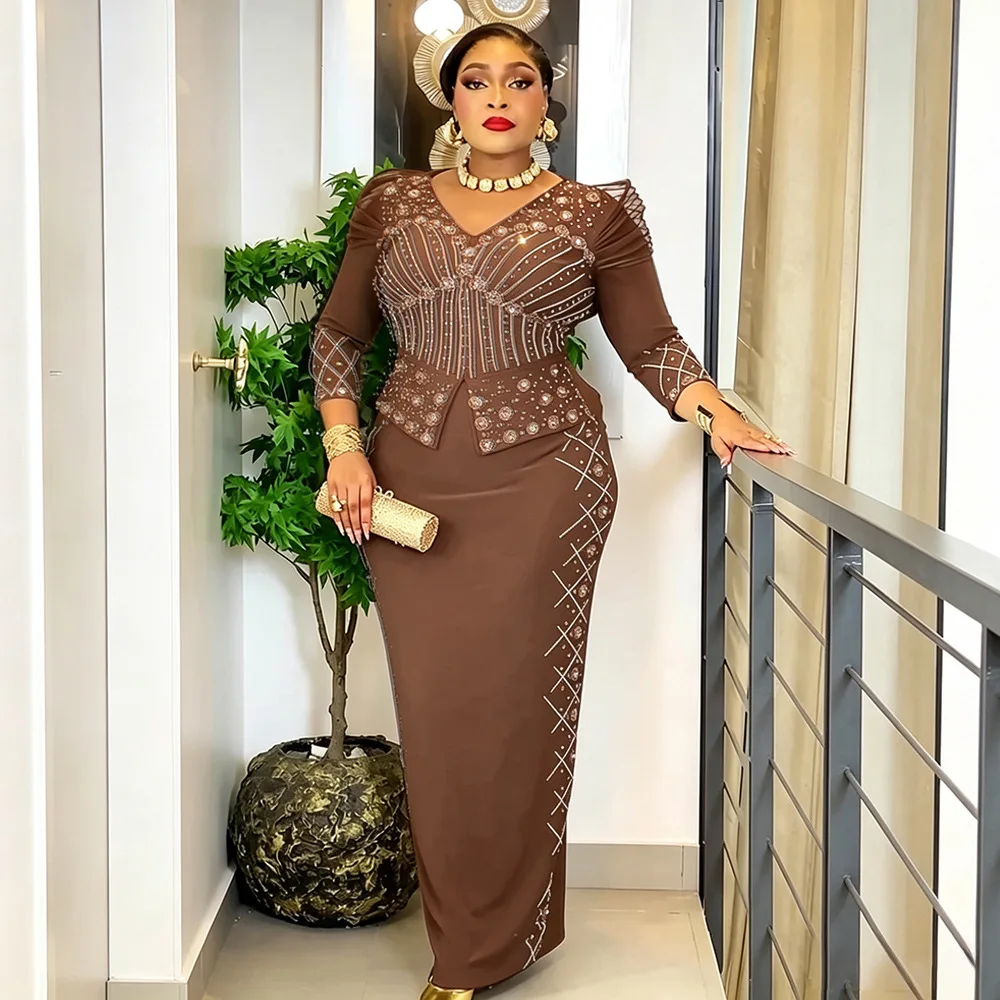 L-3XL Plus Size Dashiki African Dresses for Women Elegant 3/4 Sleeve V-neck Polyester Party Evening Long Bodycon Maxi Dress
