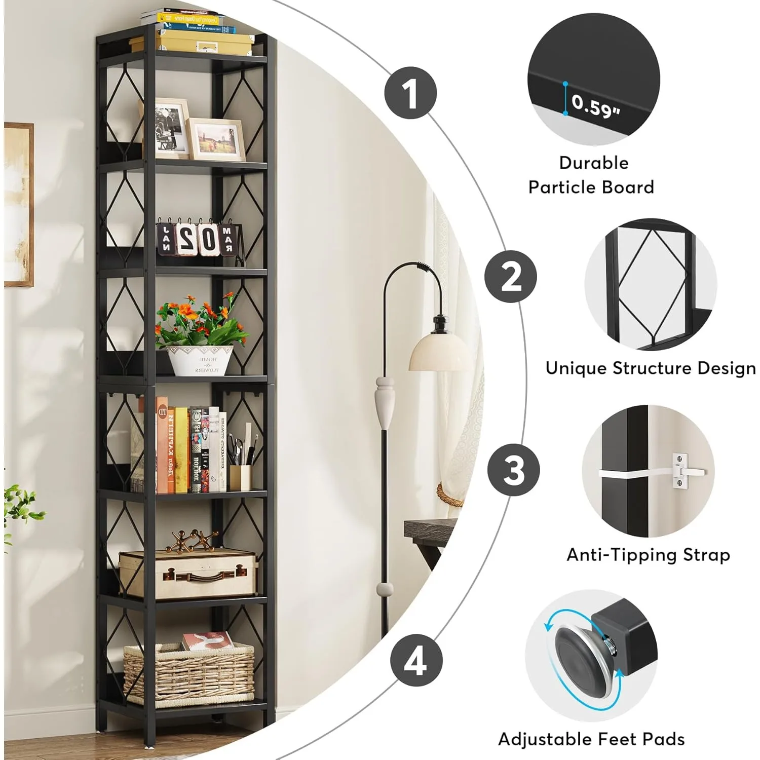 رف كتب ضيق، خزانة كتب من 7 طبقات للمساحات الصغيرة، أرفف عرض قائمة بذاتها، منظم تخزين زاوية للمكتب المنزلي #5