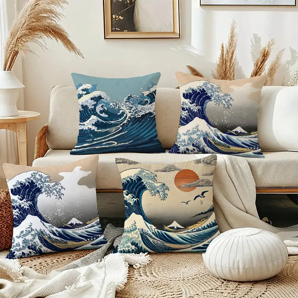 Hot Art Great Wave Cushion Cover Short Plush Pillowcase, Washable Wrinkle Resistant Cover for Bedroom Gift