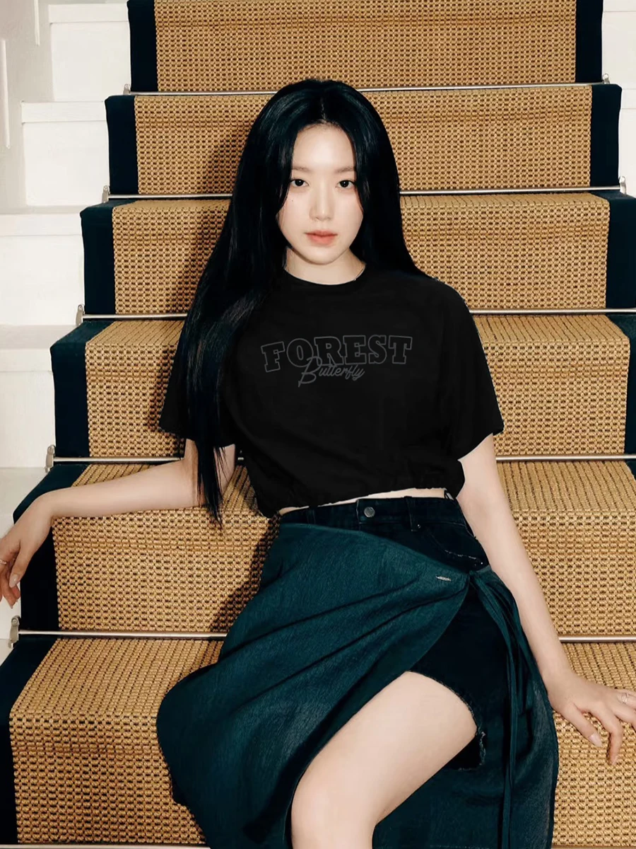 

Le uHua Korean Sle Retro Print Bla ort Sve T-irt Women's Summer Loose Trendy Top Cotton round Ne