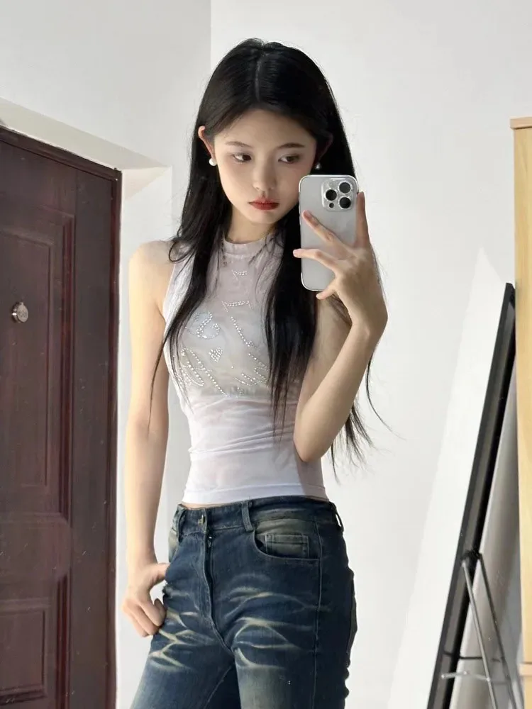 Chic Letter Diamonds Mesh Vest Women Summer O-neck Slim Waist Sheer Tanks Y2k Aesthetic Sleeveless Outerwear Crop Top