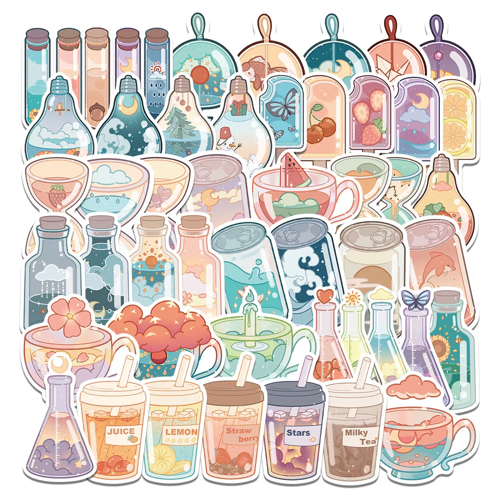 50Pcs Cute Summer Fresh Drink Glass Bottle Cartoon Sticker Journal Scrapbooking DIY Sticker Phone Case Luggage Guitar Decoration