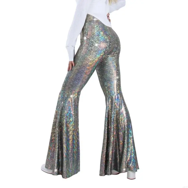 Women Dance Costume Silver Color Shinning Snake Patterned Flared Trousers High Waist Pants for 70s Cosplay Party Stage Wear