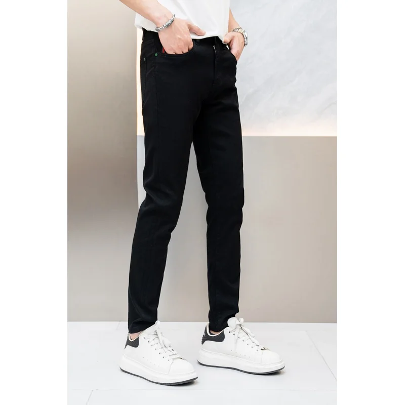 Pure black fashion business all-match jeans men's Stretch Slim fit summer thin and soft breathable skinny pants