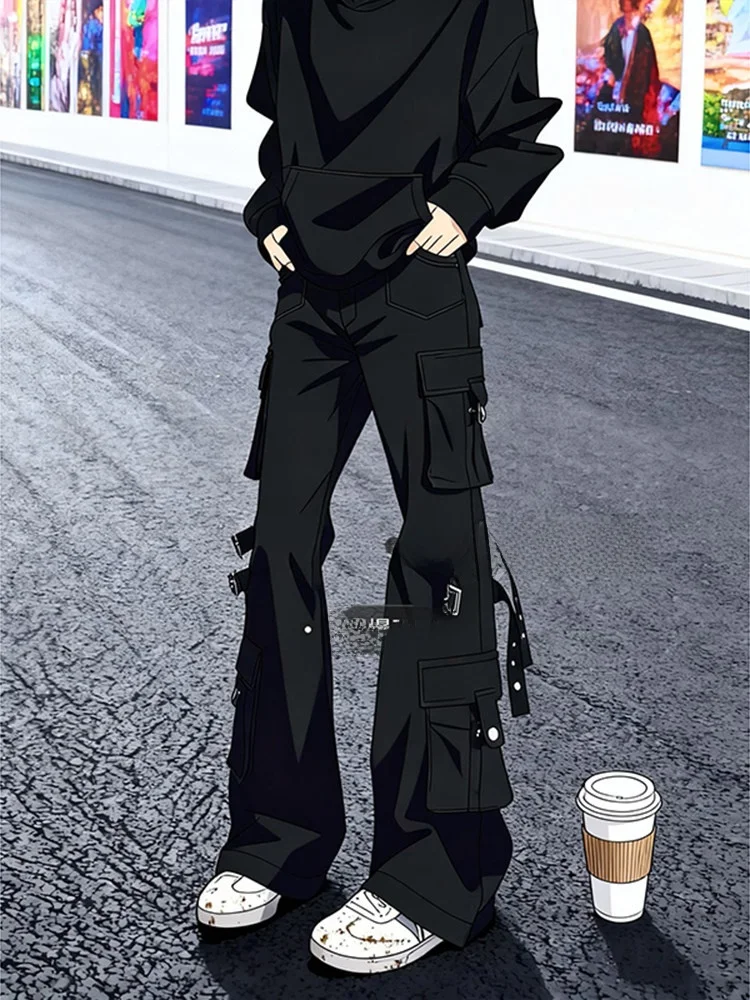 American High Street Vibe Men's Trendy Jeans with Belt Straight Leg Multi-Pocket Knife Work Pants Slim Fit Bell Bottoms