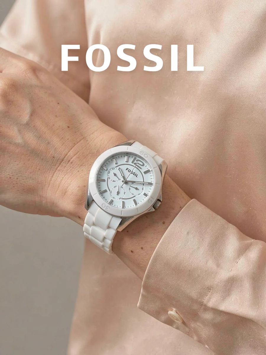 FOSSIL CE1002 Women Chronograph Quartz Watch Light Blue Dial White Ceramic Band Wristwatch For Beach Party Birthday Gift