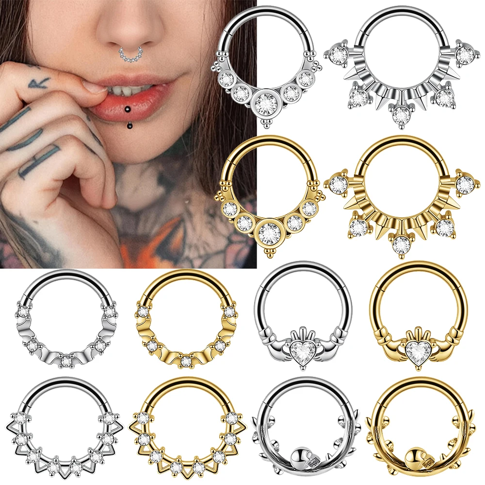 1PC Stainless Steel Skull Vine Septum Clicker Ring Heart Zircon Nose Ear Tragus Cartilage Daith Helix Piercing Body Jewelry 16G