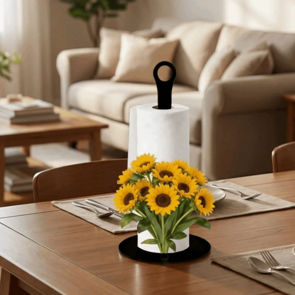 2D Flat Acrylic Roll Paper Towel Holder Sunflower Floral Freestanding Paper Towel Stand Wooden Base Decorative