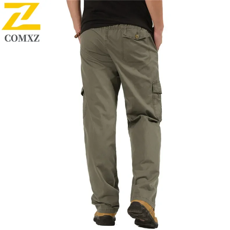 Retro Wide Leg Cargo Straight Pants Men's Outdoor Elastic Waist Workwear Trousers Harajuku Streetwear Khaki Cotton Pocket Pants