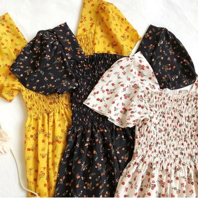 Vestido de gasa de primavera verano para mujer, vestido midi de manga corta, cintura elástica, estampado floral, plisado, espalda descubierta, casual 2