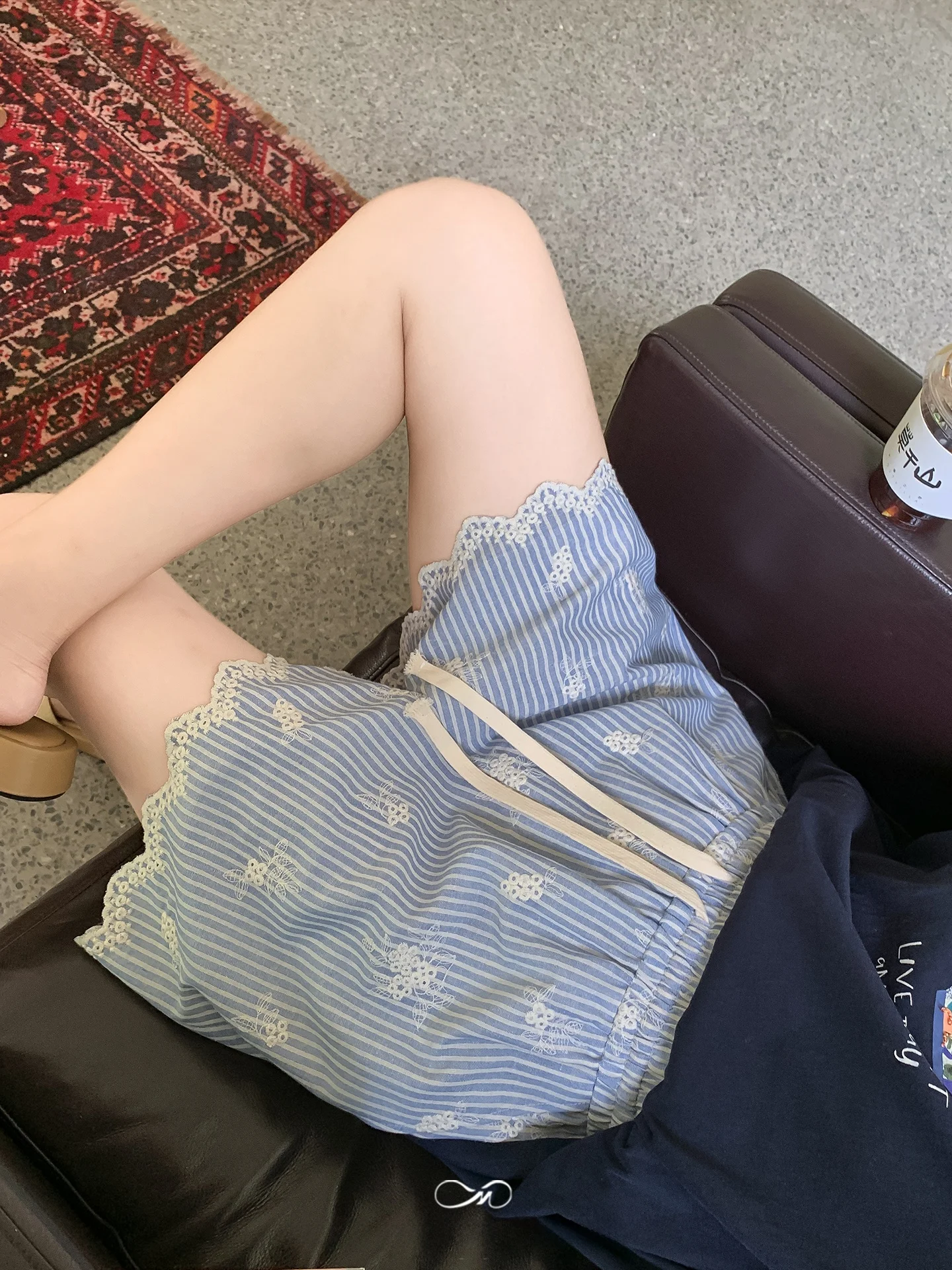 

Синие полосатые кружевные бейки с вышивкой, свободные брюки с высокой талией для больших размеров, женские летние хлопковые прямые брюки