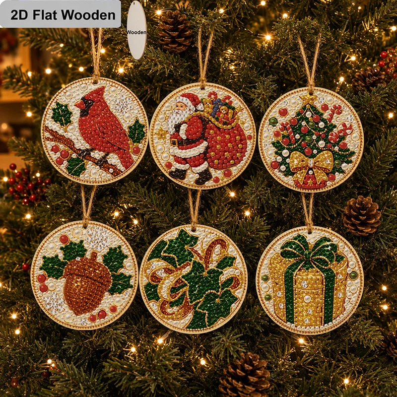 2D Flat 6Pcs DIY Diamond Painting Kit, Wooden Christmas Diamond Art Hanging Ornament, Hanging Ornament, Christmas Flamingo