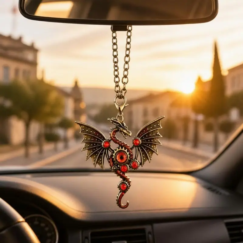 Steam Punk Mechanical Dragon Car Ornament Crystal Gem Gear Details Gothic Metal Pendant Unique Rearview Mirror Decoration