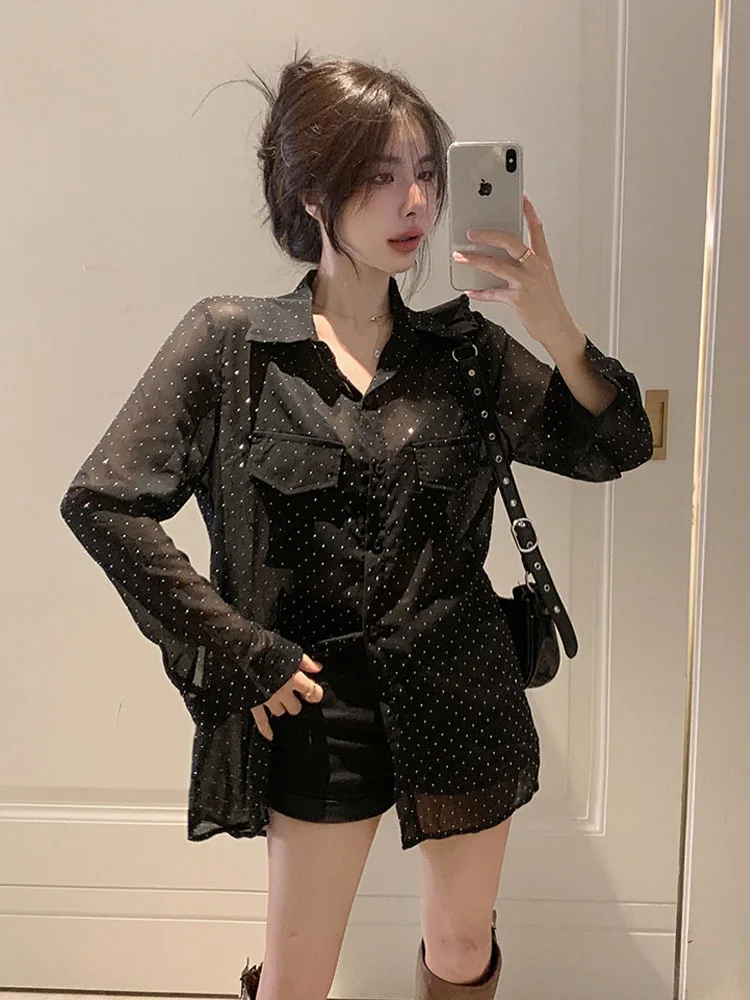 Sexy Women\'s Blouses Black Basic Fashion Cardigan See Through Top Long Sleeve Shirts Summer Beach Outing Female Loose