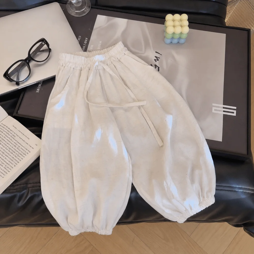 Loose Linen Children's Harlan Pants Ankle Length Solid Color Linen Ankle Pants Mosquito Proof Summer Trousers Summer