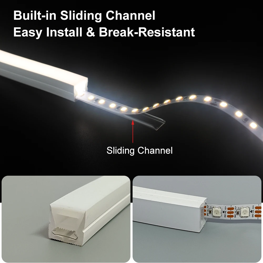 LED Flexible Silicone Tube Neon Rope Tube with Sliding Channel Break-Resistant IP67 Waterproof for WS2811 WS2812 LED Strip Light