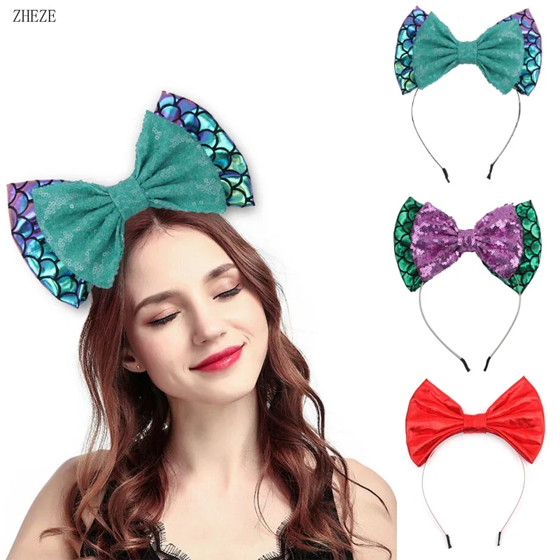 Double Layer Big Sequin Bow Mermaid Headband For Girls Glitter Metallic Style Headwear Kids Festival Hairband Hair Accessories